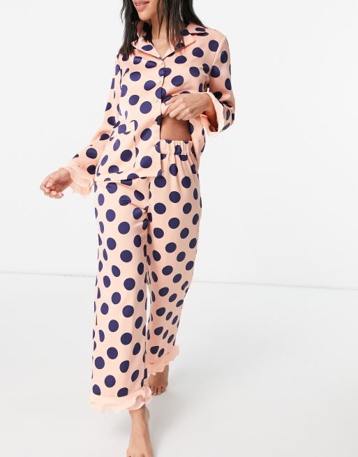 Y A S Exclusive Shirt And Pants Pyjama Set With Organza Trim In Pink And Navy Spot Print Faoswalim