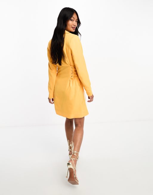 Y.A.S exclusive tailored blazer mini dress with corset lace up side in mango, 2 of 4