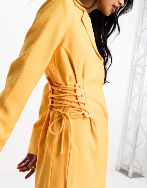 Y.A.S exclusive tailored blazer mini dress with corset lace up side in mango, 4 of 4