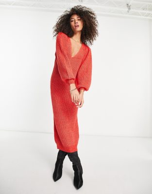 V Neck Knitted Midi Dress Beige Black