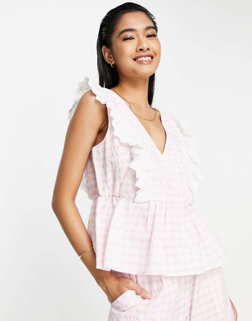 Y.A.S - Exclusives - Top met ruche en gingham ruit in roze, deel van co-ord set 