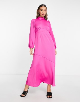 Y.A.S - Exklusive - Hochgeschlossenes Maxi-Freizeitkleid aus Satin in leuchtendem Rosa