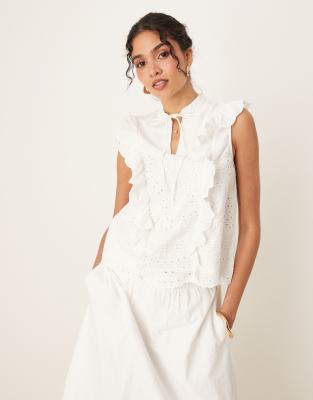 eyelet frill detail tie neck top in white - part of a set