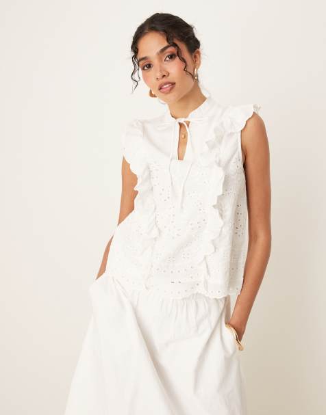 YAS broderie frill detail tie neck top co-ord in white