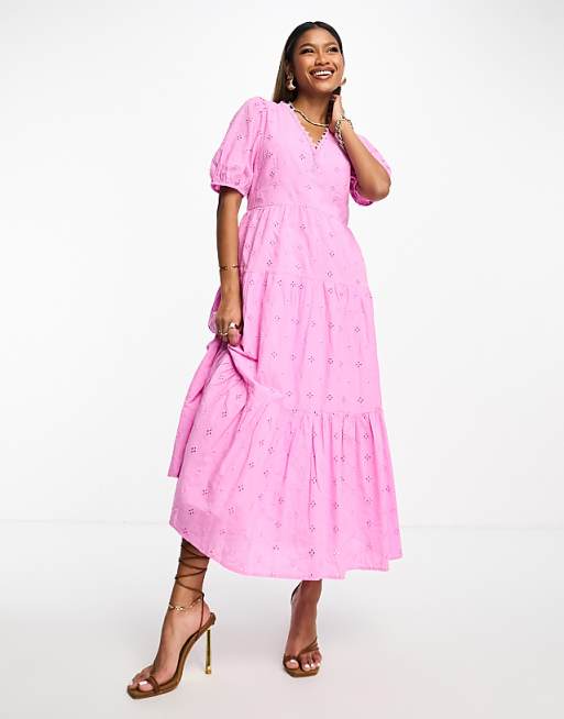 pink eyelet dress On Top Of The World Midi Shop the Mint Pink Eyelet Tiered Cotton Long