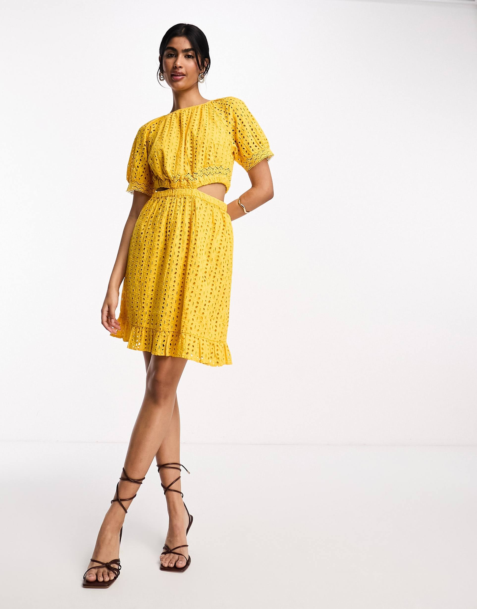 y.a.s eyelet mini dress with cut out sides in yellow