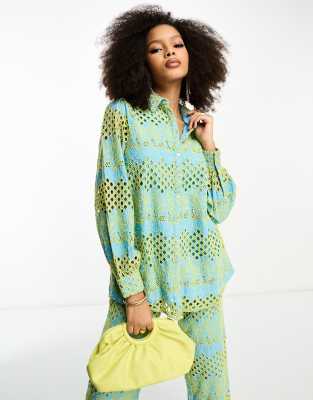 Y.A.S. EYELET OVERSIZED SHIRT IN BLUE AND YELLOW - PART OF A SET