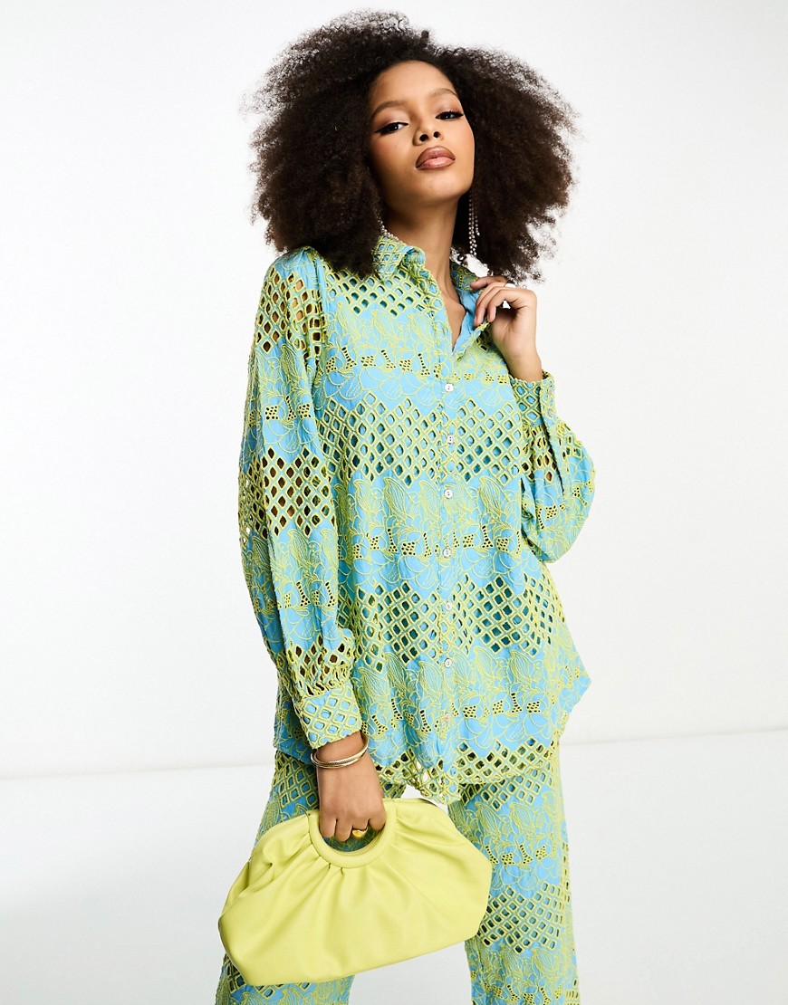 Y.A.S eyelet oversized shirt in blue and yellow - part of a set