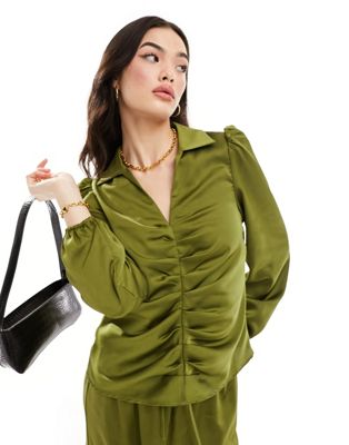 Y.A.S Ezra ruched front blouse co ord in olive green  - ASOS Price Checker