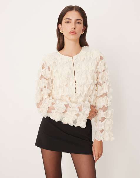  YAS ruffle textured long sleeve top in cream 