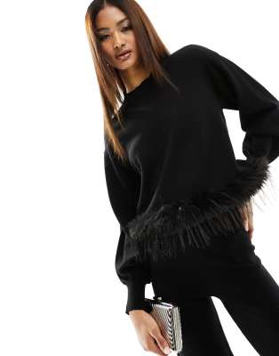 faux feather trim sweater in black - part of a set