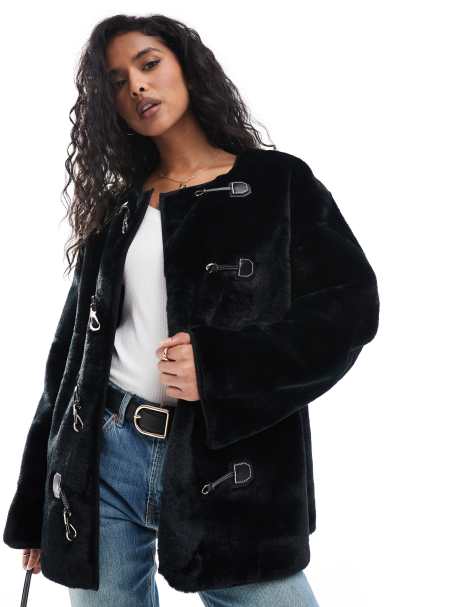 YAS faux fur jacket with buckle fastening in black - BLACK - view 1