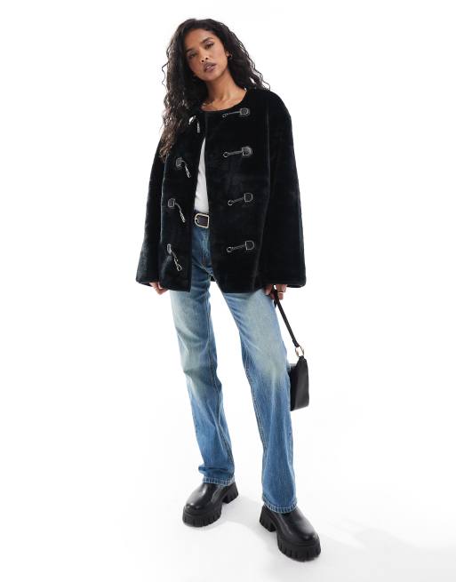 YAS faux fur jacket with buckle fastening in black BLACK