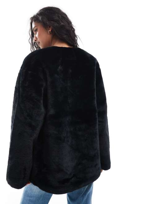 YAS faux fur jacket with buckle fastening in black BLACK