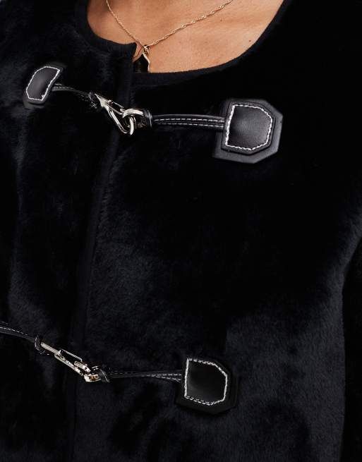 YAS faux fur jacket with buckle fastening in black BLACK