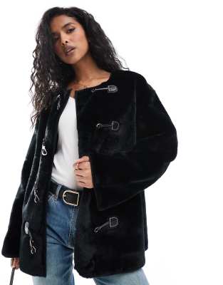 faux fur jacket with buckle fastening in black