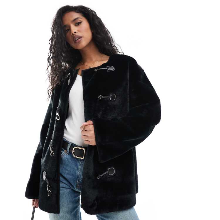 YAS faux fur jacket with buckle fastening in black | ASOS