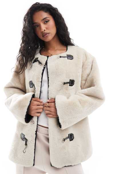 YAS faux fur jacket with buckle fastening in neutral - STONE - view 1