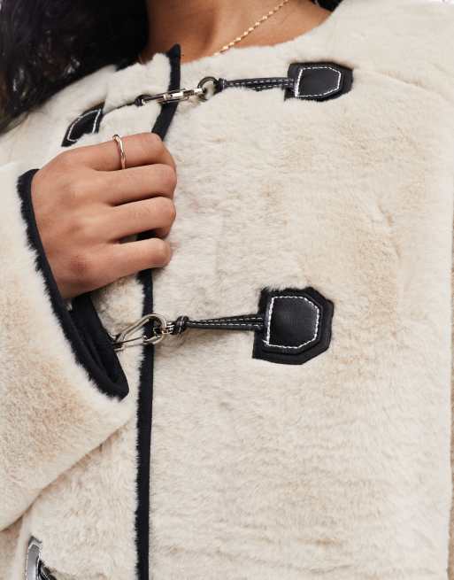 YAS faux fur jacket with buckle fastening in neutral STONE