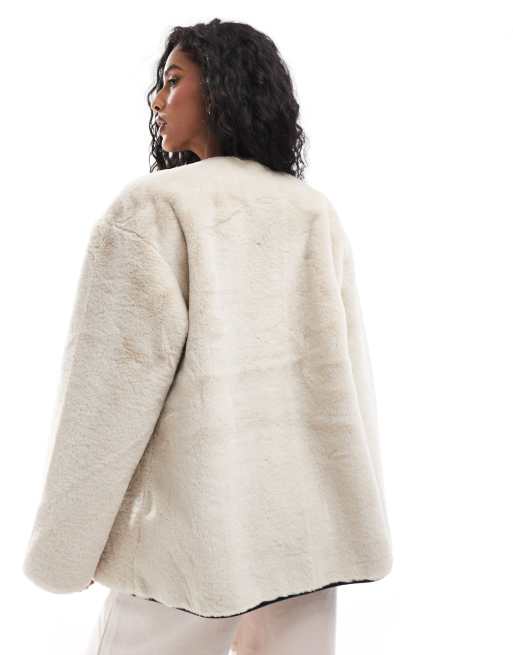 YAS faux fur jacket with buckle fastening in neutral STONE ASOS