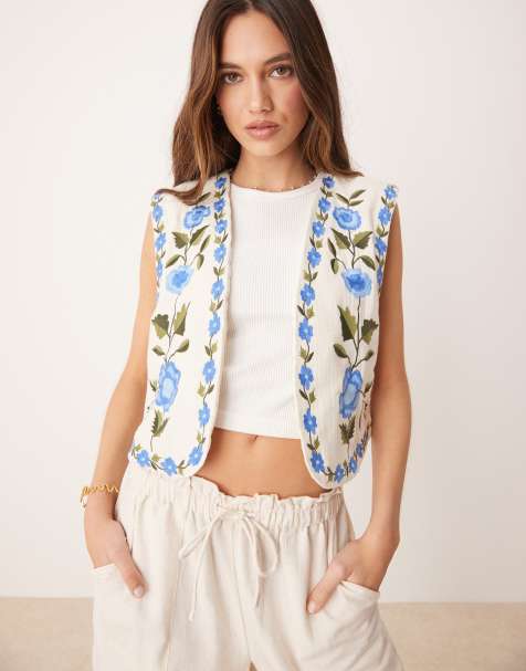 YAS Festival boho floral embroidered open waistcoat in cream and blue - view 1