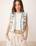 [YAS] YAS Festival boho floral embroidered open waistcoat in cream and blue-Multi 16 Birch