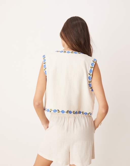 YAS Festival boho floral embroidered open waistcoat in cream and blue, 2 of 4