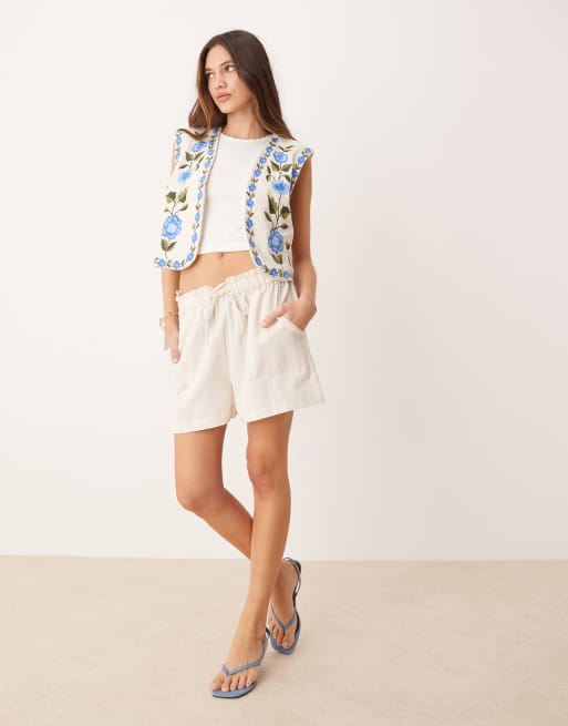 YAS Festival boho floral embroidered open waistcoat in cream and blue, 4 of 4