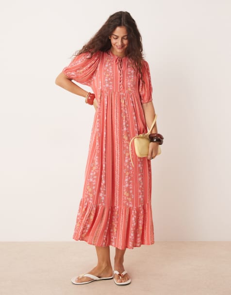 YAS Festival boho style puff sleeve maxi dress with button front detail in coral floral stripe - view 1