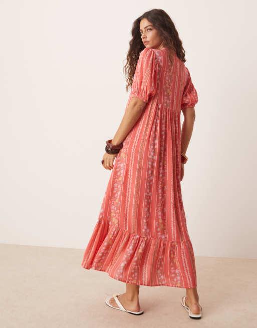 YAS Festival boho style puff sleeve maxi dress with button front detail in  coral floral stripe | ASOS