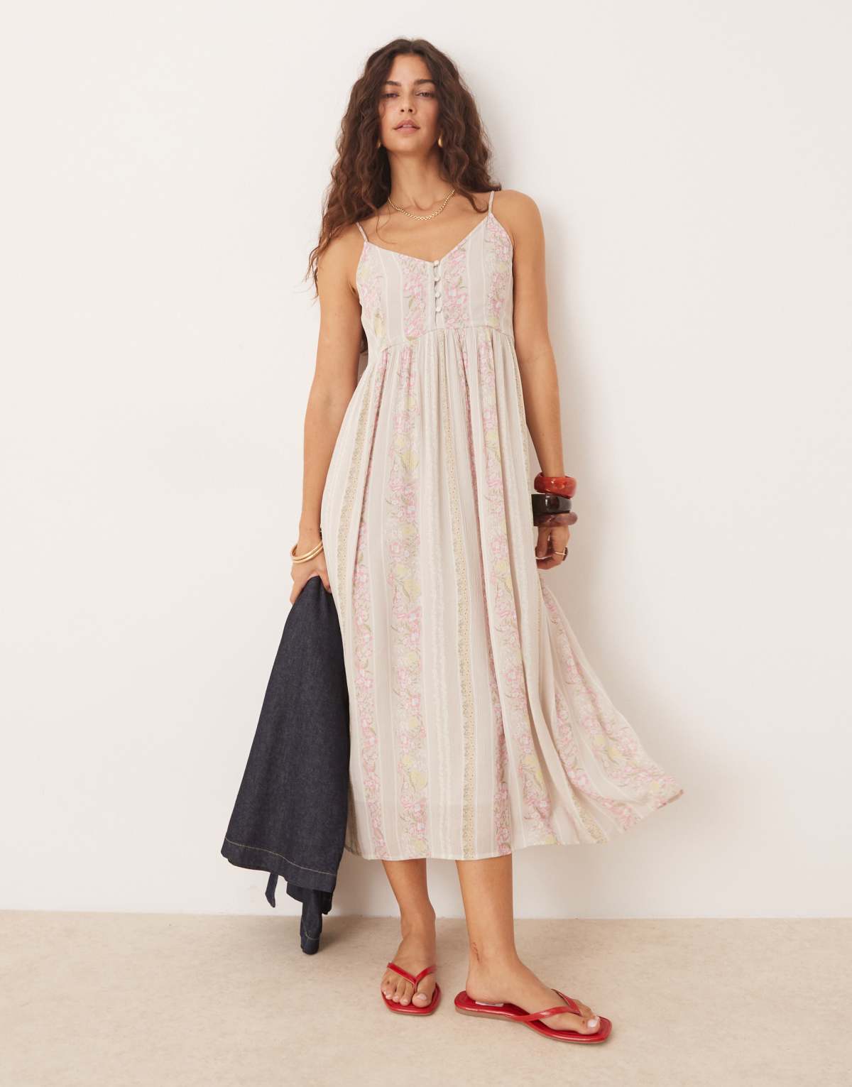 YAS Festival cami midi dress with button front detail in cream floral stripe