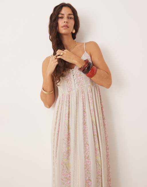 YAS - Festival - Cremehvid cami-midikjole med knapper foran og blomstrede striber, 3 af 4