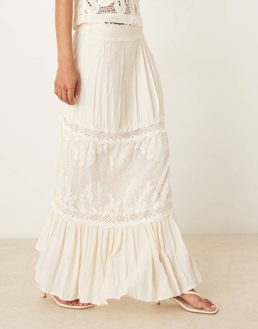 YAS Festival crochet lace insert boho maxi skirt in cream, 2 of 5