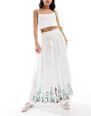 YAS Festival embroidered maxi boho skirt with tie waist in white - WHITE