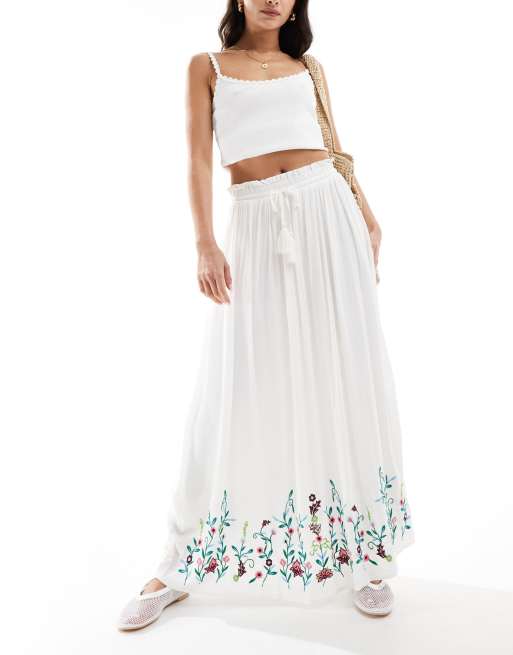 YAS Festival embroidered maxi boho skirt with tie waist in white WHITE ASOS