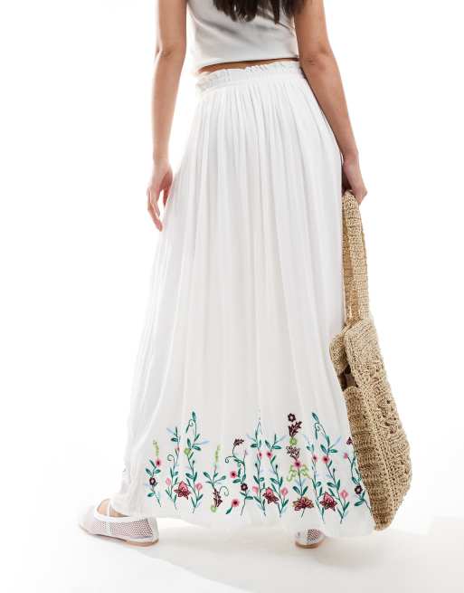 YAS Festival embroidered maxi boho skirt with tie waist in white