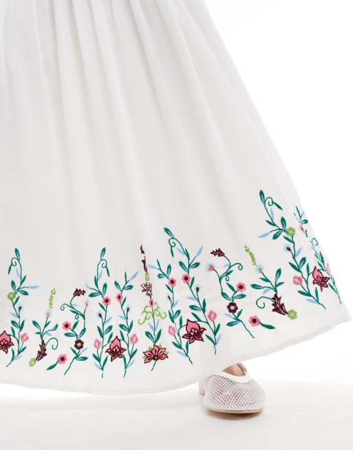 YAS Festival embroidered maxi boho skirt with tie waist in white WHITE ASOS
