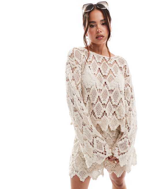YAS – Festival – Gehäkelter Pullover in Cremeweiß mit Glockenärmeln, Kombiteil