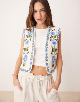 YAS - Festival - Offene, bestickte Boho-Weste in Creme und Blau-Bunt