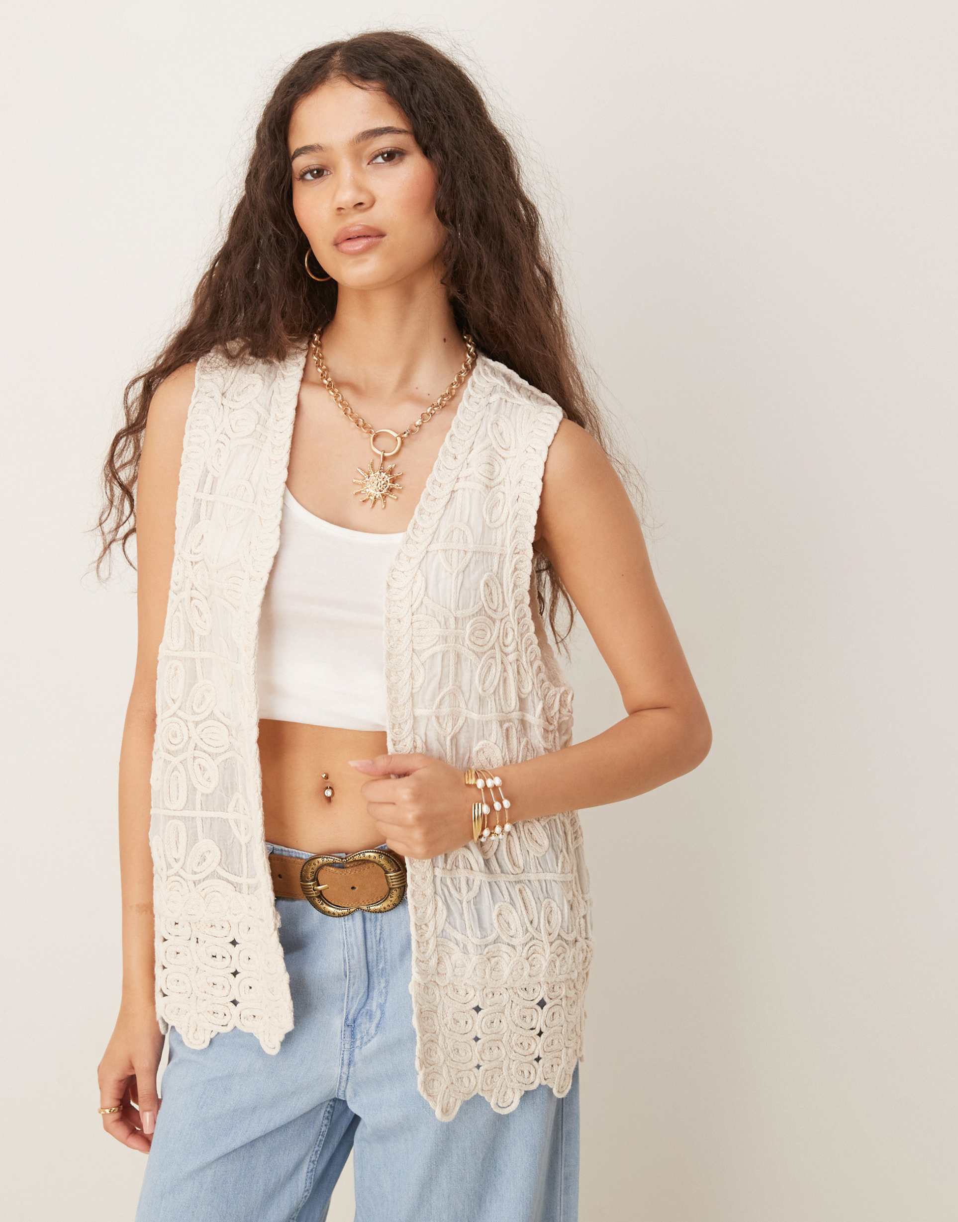 yas festival premium crochet longline open vest in cream