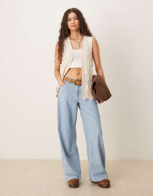 YAS Festival premium crochet longline open vest in cream, 2 of 4