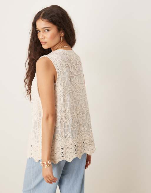 YAS Festival premium crochet longline open waistcoat in cream, 4 of 4