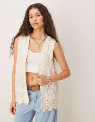 YAS - Festival - Premium - Offene, lange Häkel-Weste in Creme-Weiß