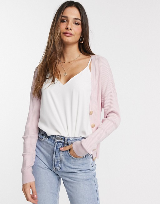 Y.A.S fine rib knitted cardigan in pink