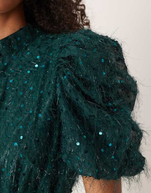 YAS – Flauschiges, strukturiertes Minikleid in Dunkelgrün mit Pailletten, 2 von 4