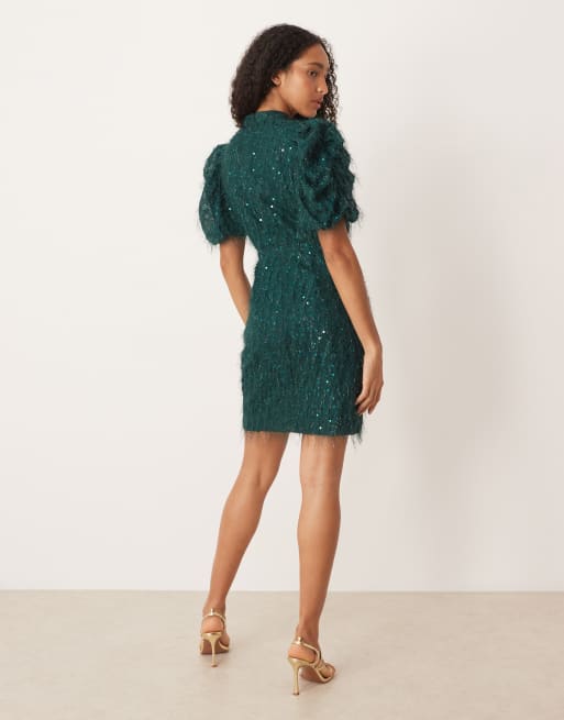 YAS – Flauschiges, strukturiertes Minikleid in Dunkelgrün mit Pailletten, 4 von 4