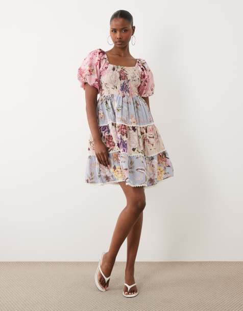 YAS – Flerfärgad, blommig miniklänning i milkmaid-stil med puffärmar och lappad design - view 1