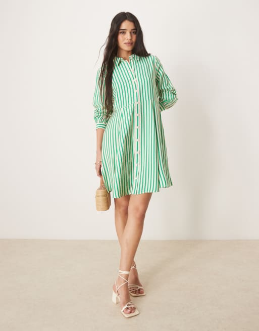 YAS flippy hem mini shirt dress in green and white stripe, 3 of 4