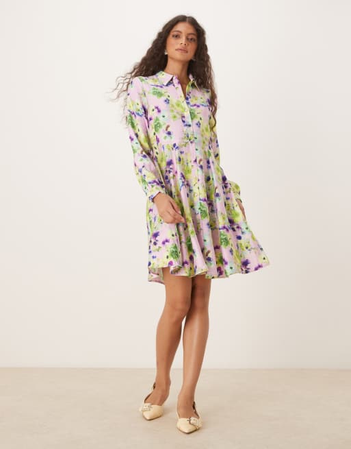YAS flippy hem mini shirt dress in pale lilac flower print, 2 of 4