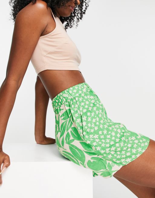 Pieces tie waist flowy shorts in green ditsy floral - part of a set